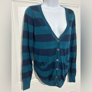 Blue Striped Knit Cardigan Sweater